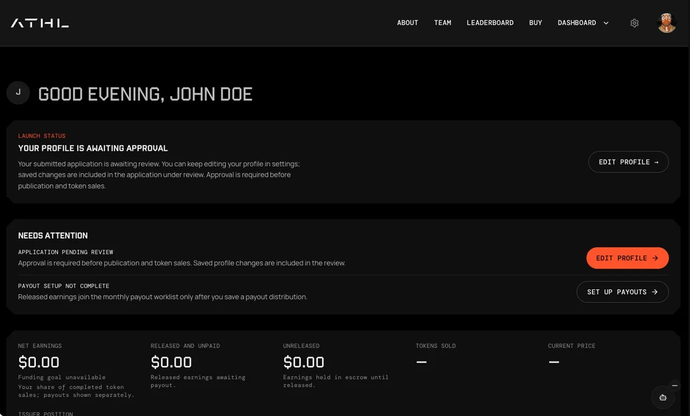 The Issuer Dashboard while an application awaits approval