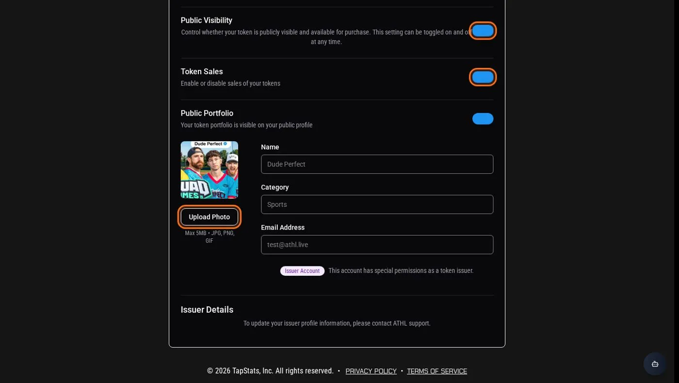 Issuer settings: photo, public access and sales toggles