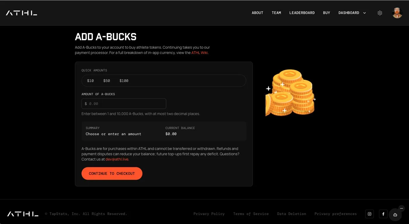 The Add A-Bucks page with quick amounts and Continue to checkout