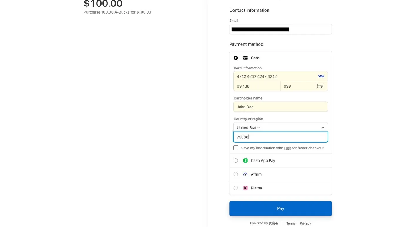 Stripe Checkout in sandbox mode with the test card entered