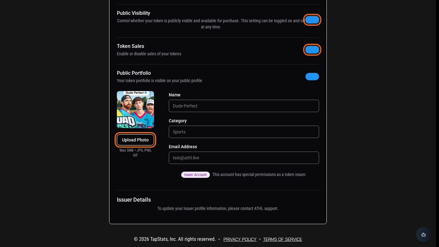 Issuer settings: photo, public access and sales toggles