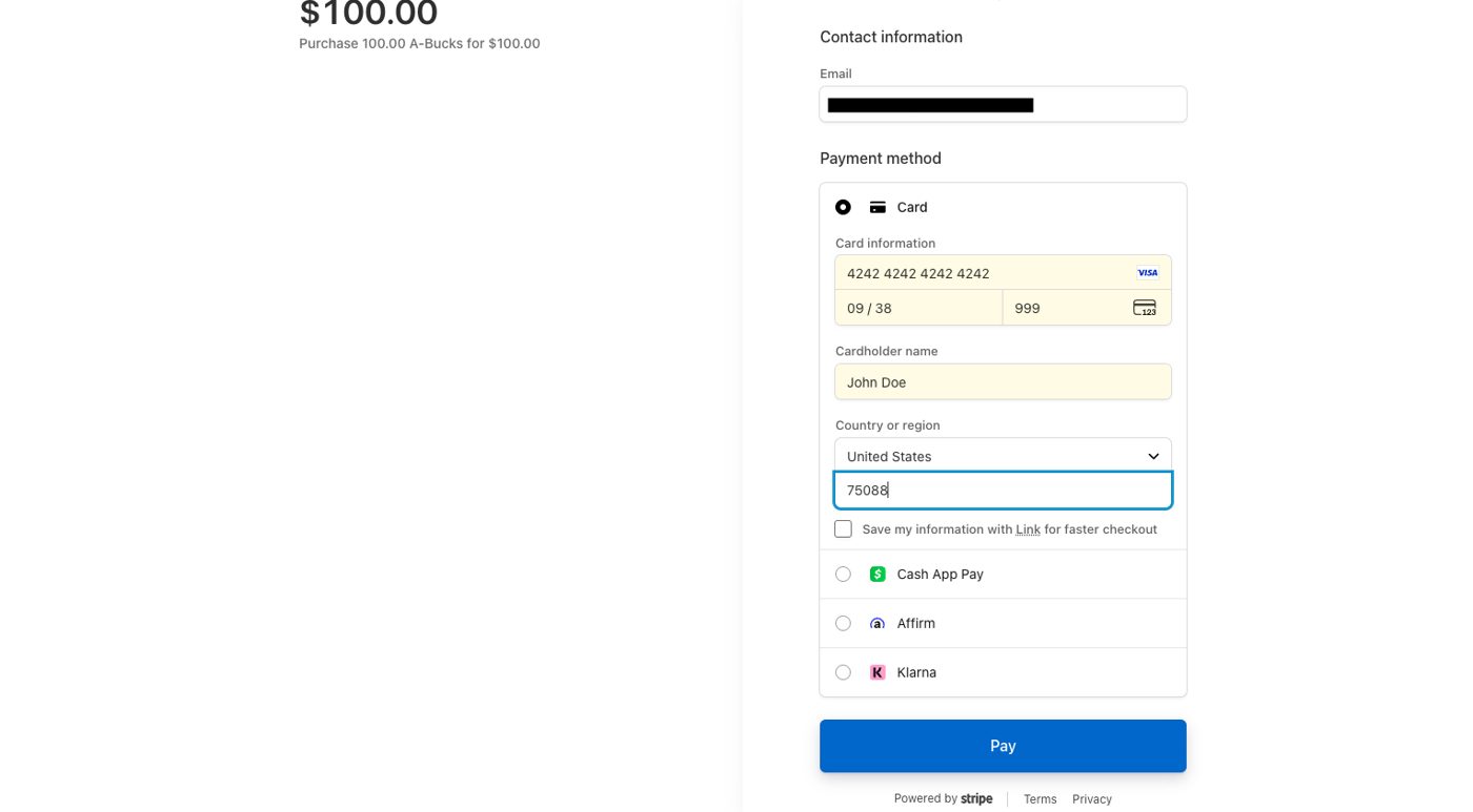 Stripe Checkout in sandbox mode with the test card entered